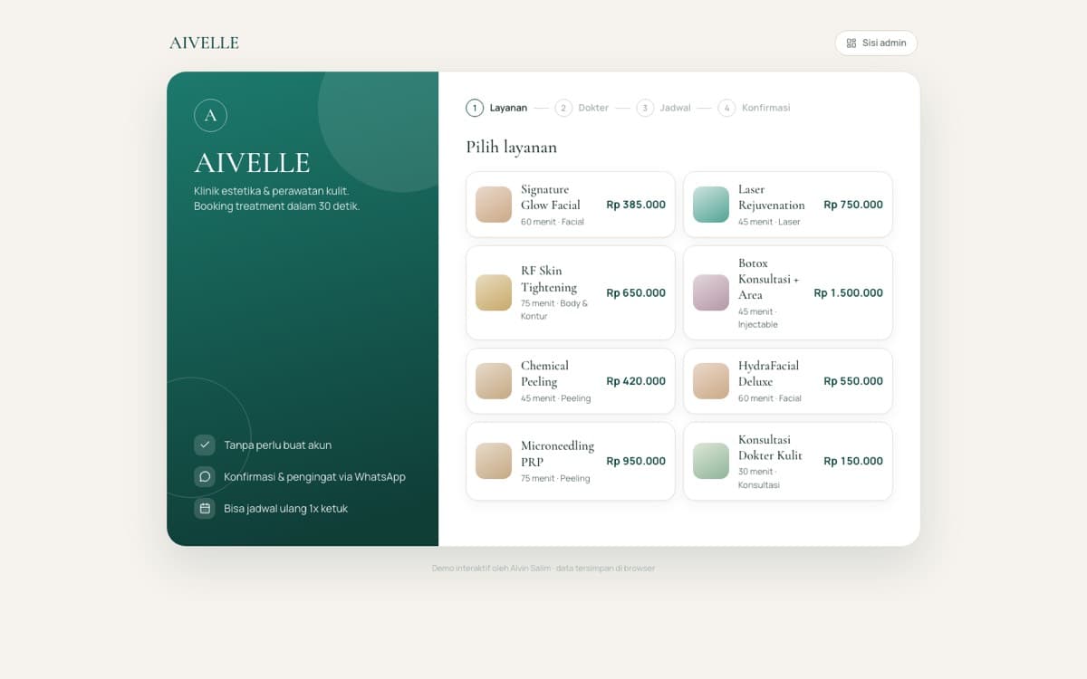 AIVELLE — aesthetic clinic booking system with treatment menu and doctor scheduling