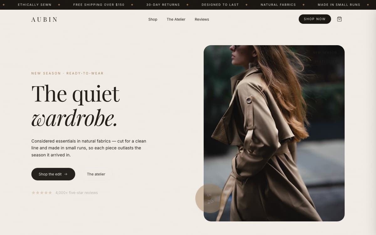 AUBIN fashion storefront — editorial hero for a quiet-luxury ready-to-wear label