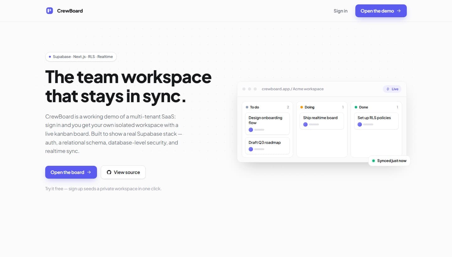 CrewBoard — multi-tenant team kanban SaaS built with Supabase (Auth, RLS, Realtime)