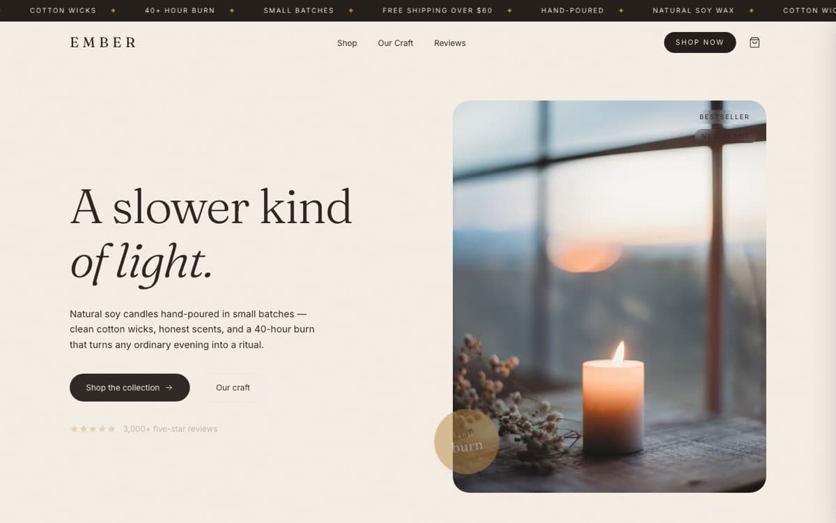 EMBER candle storefront — warm artisanal hero with a lit candle