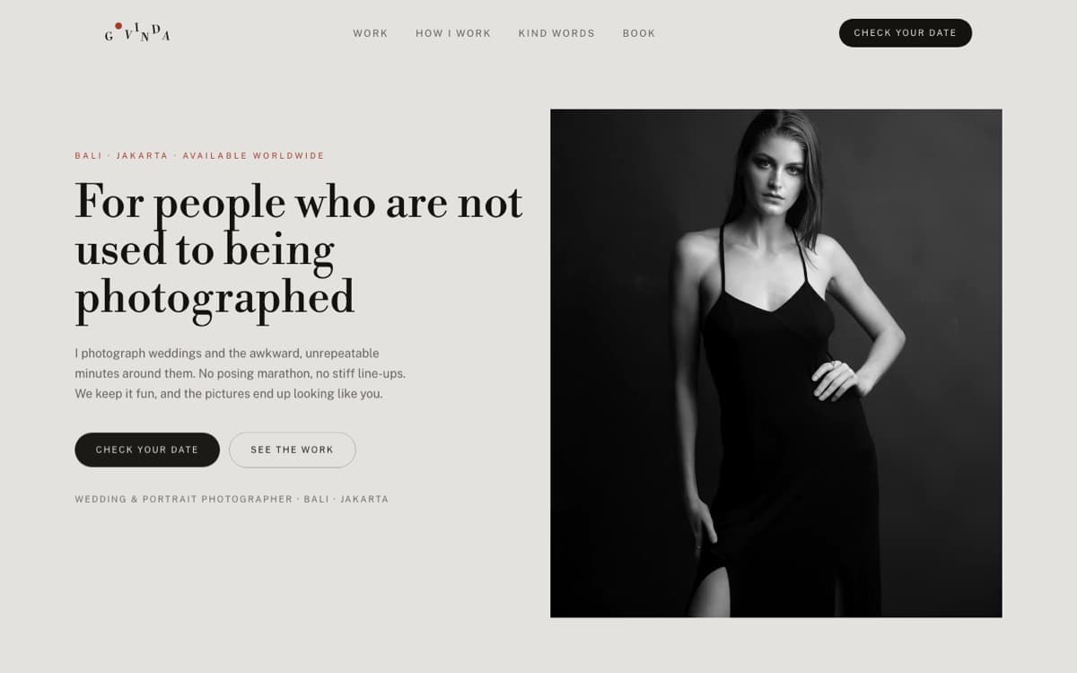 Govinda concept — monochrome editorial redesign concept for a wedding photographer's site