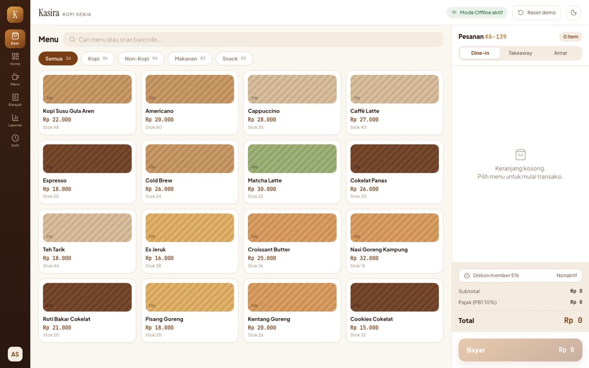 Kasira — café point-of-sale screen with menu grid and live order cart