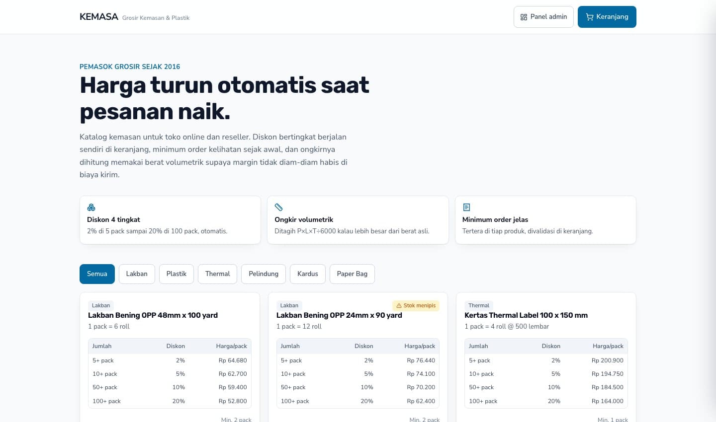 KEMASA wholesale packaging storefront — bulk discount tiers per product and volumetric shipping explained