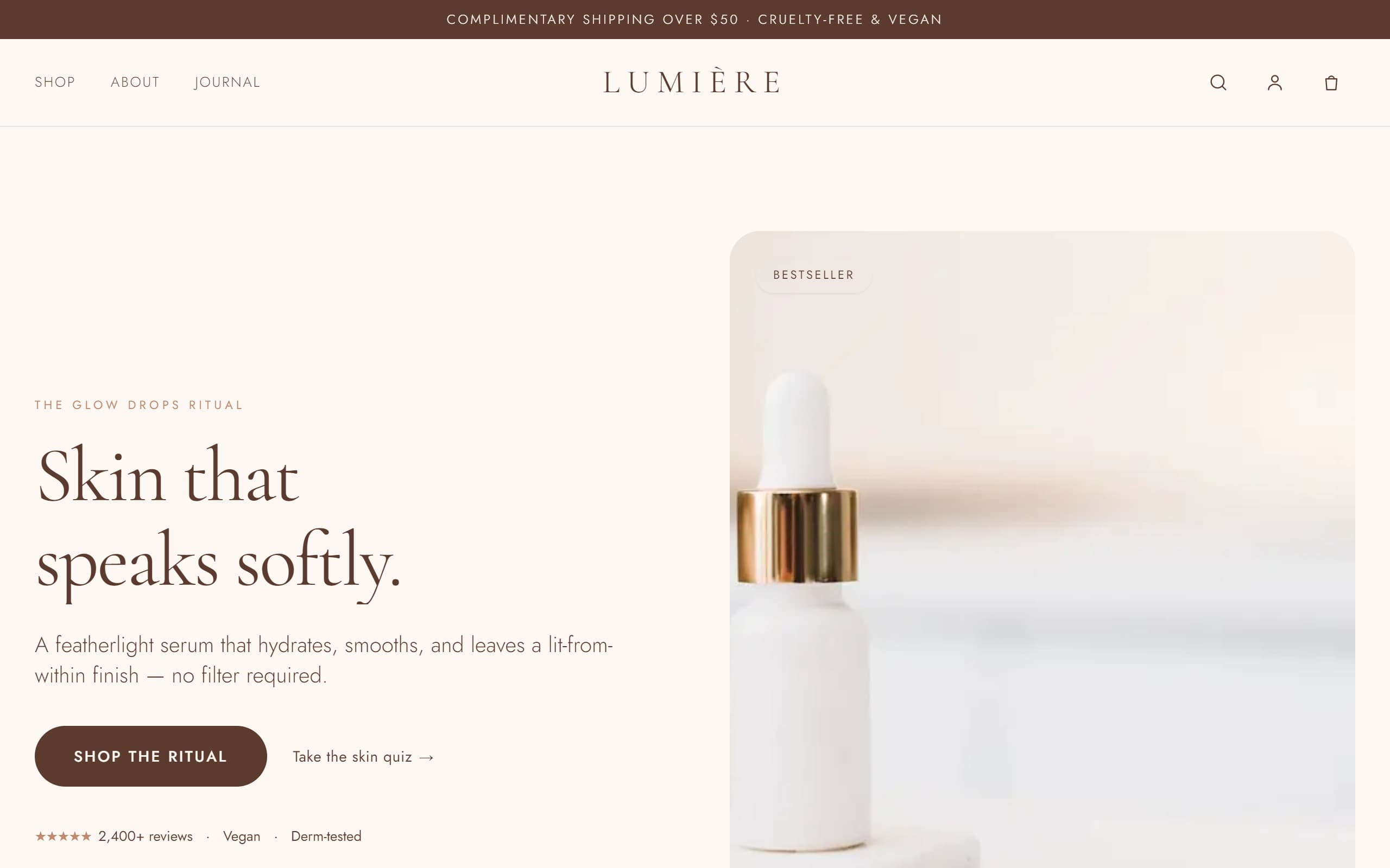 Lumière beauty storefront — chic editorial hero with serum product