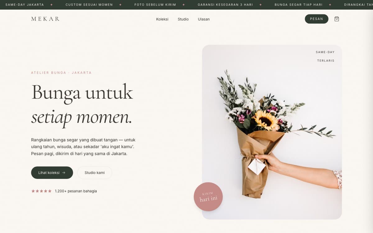 MEKAR florist storefront — boutique bouquet atelier landing page in Bahasa Indonesia