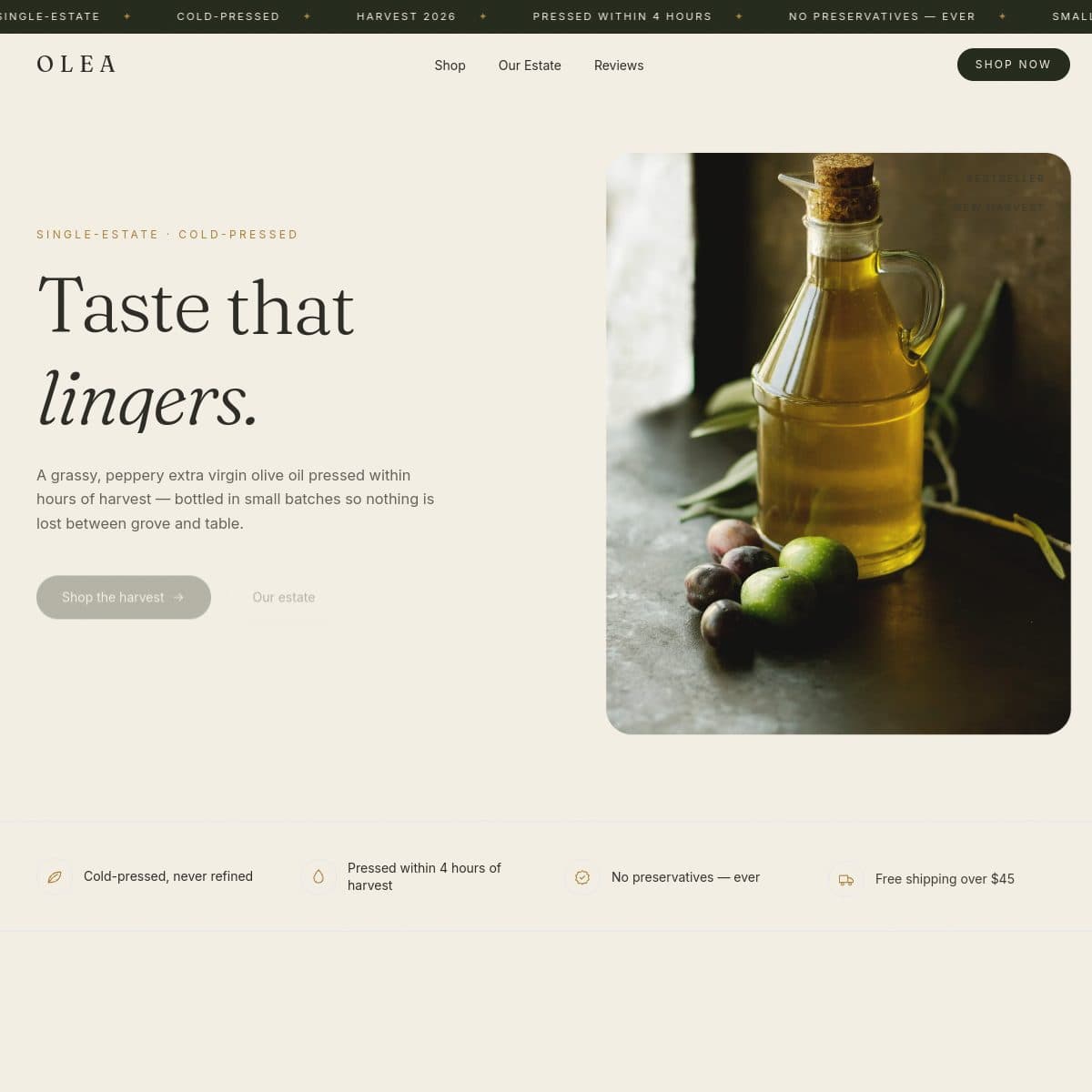 OLEA olive oil storefront — editorial hero with a single-estate bottle