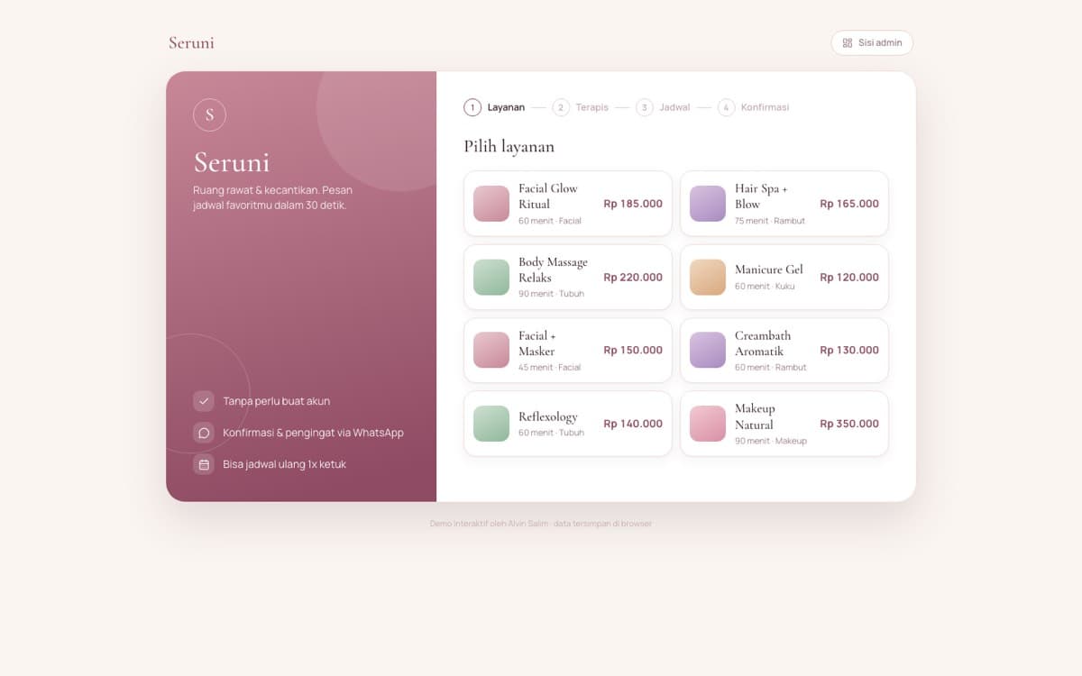Seruni — salon booking system with real-time therapist availability