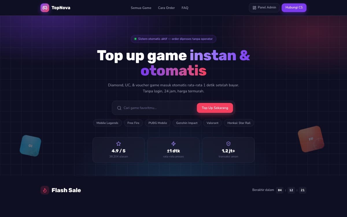 TopNova — game top-up storefront with an automated fulfilment admin panel